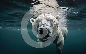 A close up image of a swimming polar bear. An ai generative photo-realistic image of an endangered species.