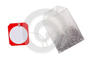 Close up image of tea bag isolated on white background