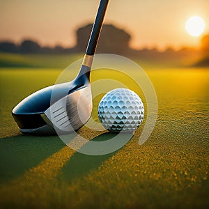 close-up image of a Titleist golf ball and a Callaway golf club on a green at sunset.