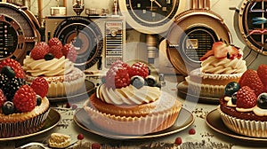 A close-up image of a variety of cupcakes with different toppings on a table