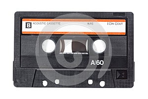 Close up image of a vintage audio cassette tape isolated on white background. Top view.