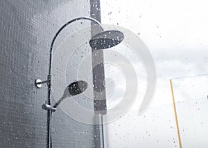 Close-up image water drops splash on mirror, design of home