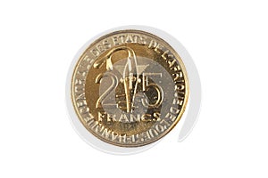 Golden 25 West African Franc coin on a white background