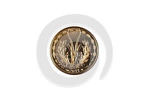 Golden 5 West African Franc coin on a white background