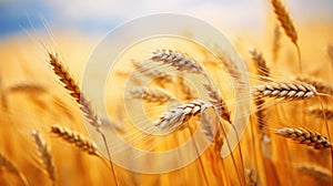 Close-up image of wheat stalks growing in a golden field ready to be harvested