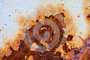 Close-up image of white colored old sheet of metal is covered by deep rust. photo