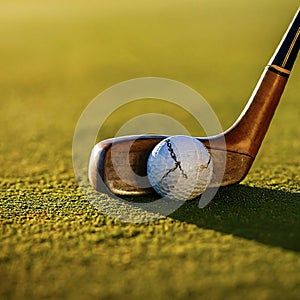 close-up image a white golf ball sitting on a green patch of grass next to a wooden golf club.