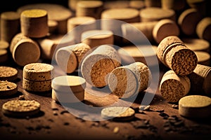 Close up image of wine corks over wooden table. photo