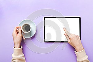 Close up image woman hands holding digital tablet with blank copy space screen for your text message or promotional