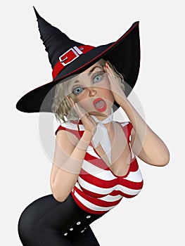 Close up image of a young beautiful blond female witch with her hands on her cheeks on an isolated white background