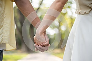 Close-up image of a young lovely couple holding hands while walking in a green park on a bright day