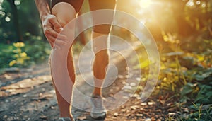 Close-up image of young runner athlete on the running path standing and feeling acute knee pain while morning jogging in summer photo