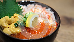 Close-up images of japanese seafood rice bowl