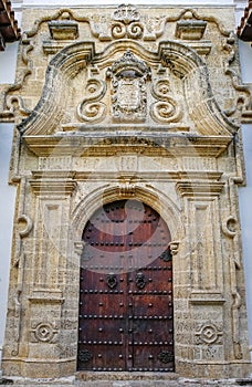 Close-up of impressive entrance portal of the Palace of the Inquisition in Old Town Cartagena, Colombia