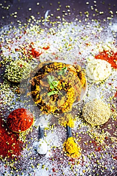 Close up of Indian/Asian popular Ramzan`s/Ramadan`s special vada/vadiya with all its grams,speices on a wooden surface in dark Got