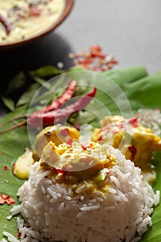 Close-up of Indian cooked rice with kadi or kadhi over the banana fresh green leaf. Garnished with curry-patta leaves, red chili