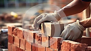 Close up of industrial bricklayer installing bricks on construction site