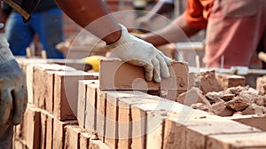 Close up of industrial bricklayer installing bricks on construction site