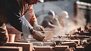 Close-up of an industrial bricklayer installing bricks on a construction site. Ai Generated