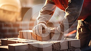 Close-up of an industrial bricklayer installing bricks on a construction site. Ai Generated