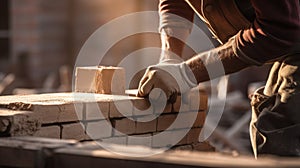 Close-up of an industrial bricklayer installing bricks on a construction site. Ai Generated