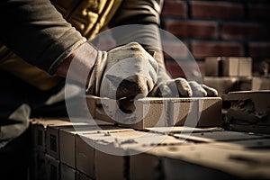 Close up of industrial bricklayer installing bricks on construction site. Generative AI