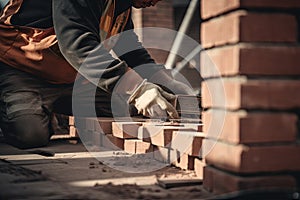 Close up of industrial bricklayer installing bricks on construction site. Generative AI