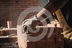 Close up of industrial bricklayer installing bricks on construction site. Generative AI