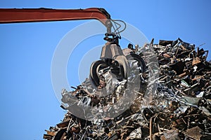 Close up industrial claw machine, move scrap metal in the landfill.