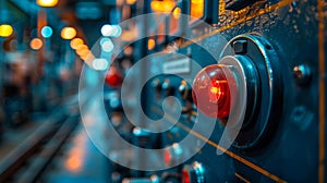 Close-up of an industrial control panel with red warning light