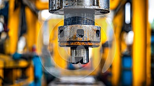 Close-up of industrial machinery component with yellow structural elements in the background