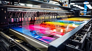 Close up of an industrial offset printing machine in a printing factory