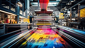 Close up of an industrial offset printing machine in a printing factory