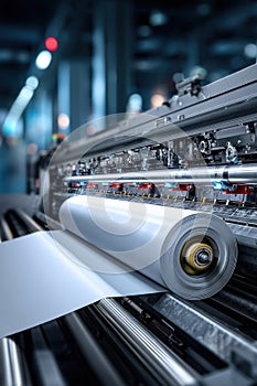 Close-up of industrial paper roll machine in operation in factory setting