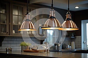 close-up of industrial pendant lights hanging over a kitchen island