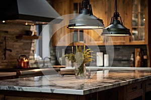 close-up of industrial pendant lights hanging over a kitchen island