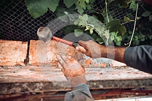 Close up of industrial worker, bricklayer installing bricks on construction site