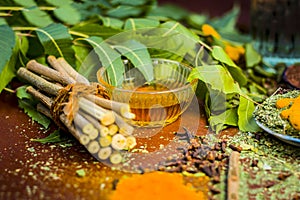 Close up of ingredients of ayurvedic treatment i.e neem,neem leaves,neem powder,bark,clove,turmeric,water.