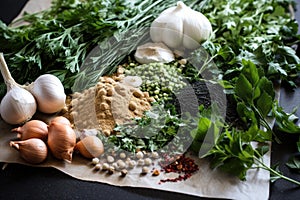 a close-up of ingredients, including herbs and spices, for a delicious recipe