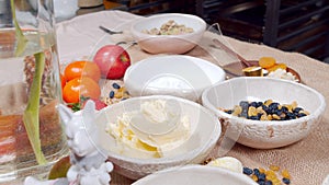 Close-up of ingredients for making Easter cake and decorated eggs on a canvas. Preparing for the Easter holiday.