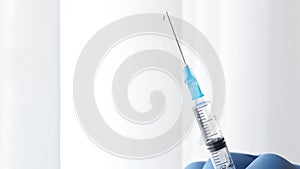 Close Up of injection liquid being in syringe. Medication drug needle syringe drug, flu shot vaccine vial dose