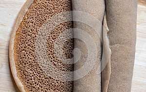 Close up of Injera, sour fermented pancake-like flatbread with spongy texture popular in Ethiopia and Eritrea