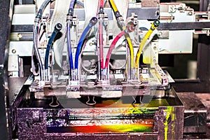 Close-up of inkjet printers in large machines.Colorful background