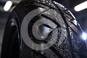 Close-up of innovative car tire tread design featuring water dispersal technology