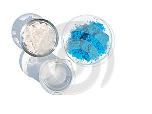Close up inorganic chemical on white laboratory table. CopperII sulfate
