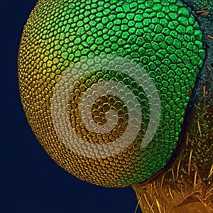 Close-up of an insect's compound eye, resembling a hexagonal grid pattern. The