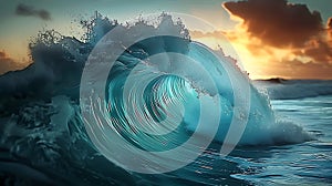 Close up inside of abstract sea wave breaking in the sunset or sunrise background AI generated
