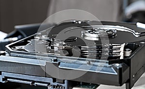 Close up inside of computer hard disk drive