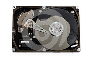 Close up inside of computer hard disk drive HDD isolated on white background