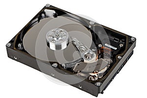 Close up inside of computer hard disk drive HDD isolated on white background